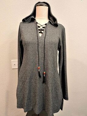 Earthbound Trading Co. Hooded Lace-Up Tunic Gray Size Small Boho